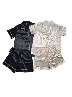 NIP | 2-Pack Satin Pajama Set Black & Champagne Button Down Piping | Small